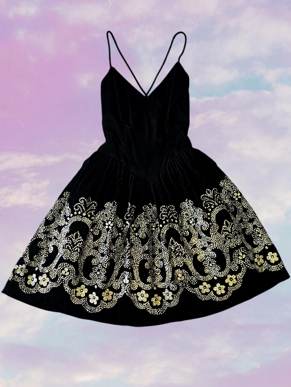 ✨️Vintage GUNNE SAX JESSICA MCCLINTOCK Gold Glitter Black Velvet Party Dress✨️